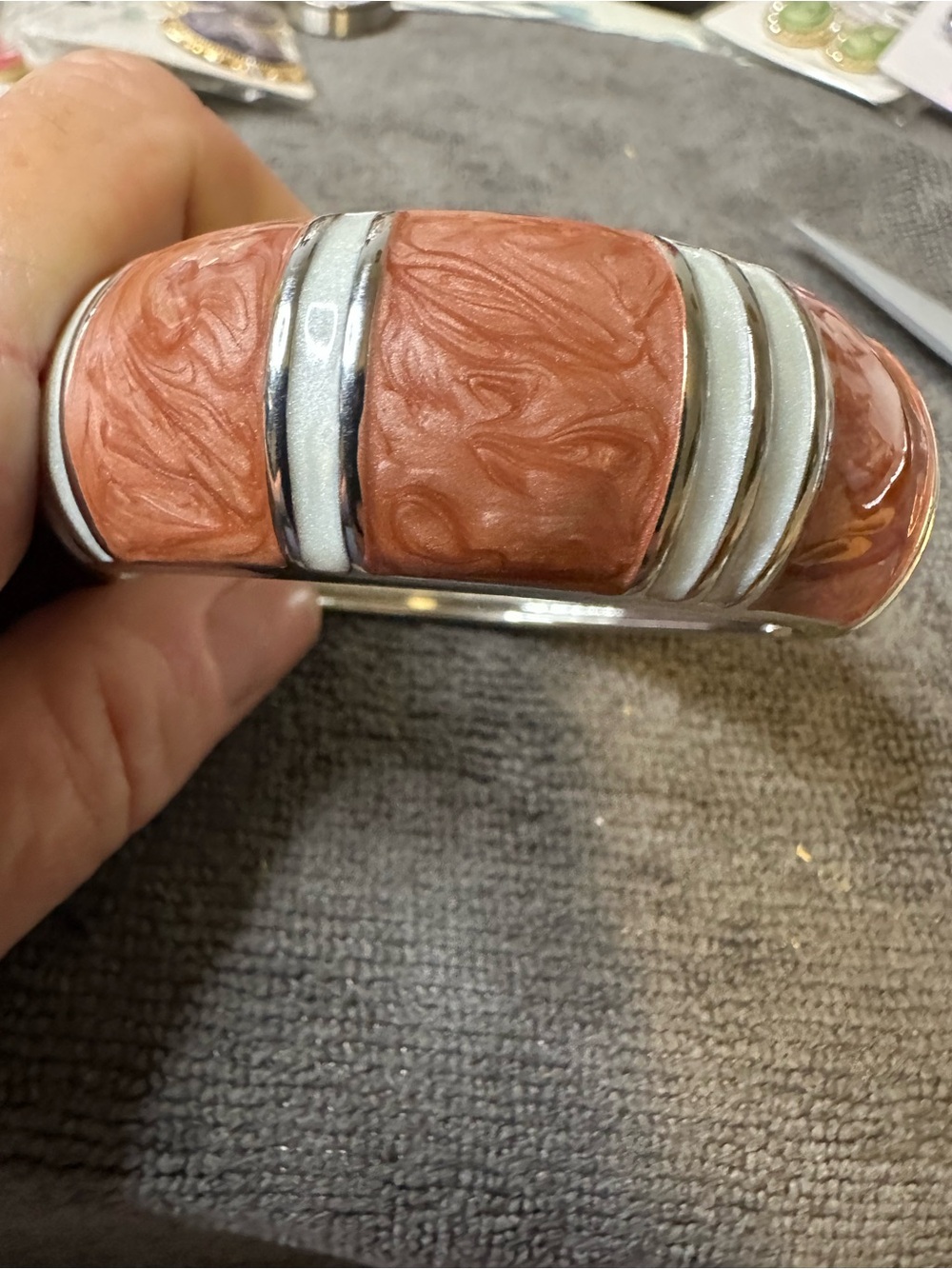 Unk Coral and White Resin Inlay Cuff Bracelet